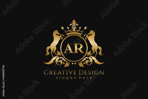 initial AR Retro golden crest with circle and two horses, badge template with scrolls and royal crown - perfect for luxurious branding projects