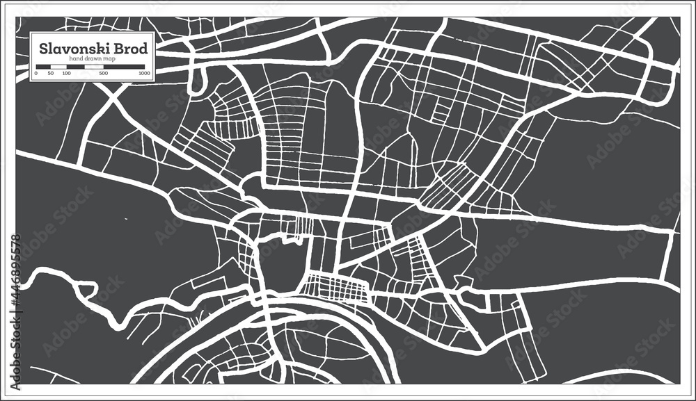 Slavonski Brod Croatia City Map in Black and White Color in Retro Style. Outline Map.