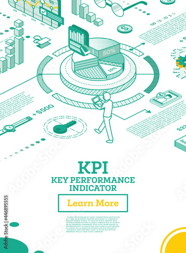 KPI Key Performance Indicator. Vector Illustration. Isometric Concept of Business Performance Strategy and Analysis.