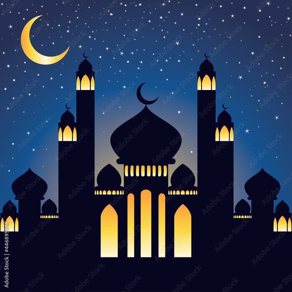 Crescent moon with mosque