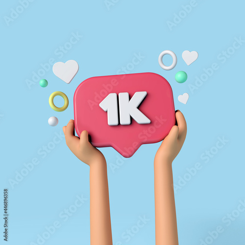 1k social media subscribers sign held by an influencer. 3D Rendering. photo