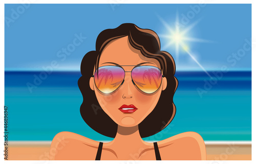 Beautiful young woman in sunglasses on the background of the sea and the beach. Girl in sunglasses in which palm trees and the beach are reflected. Vector illustration