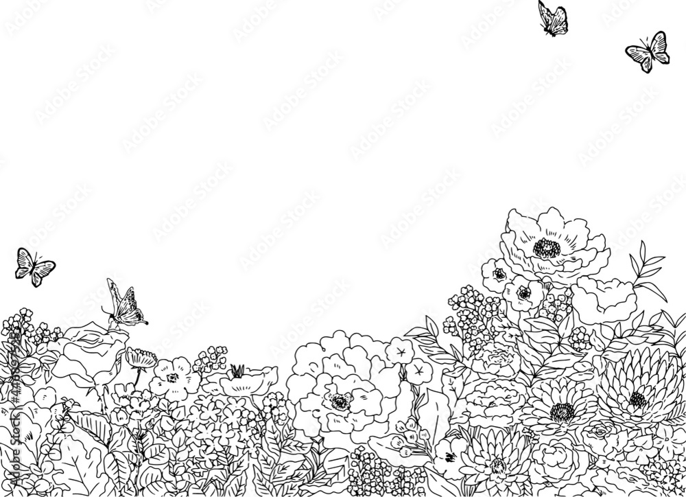 蝶が舞う花畑の背景イラスト Stock Vector Adobe Stock