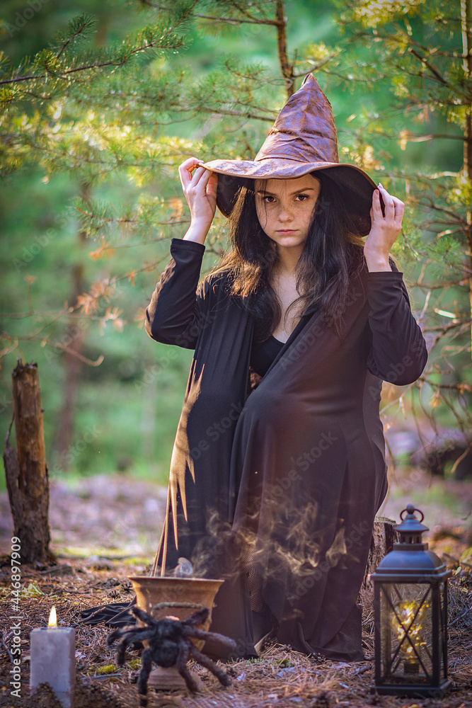 Obraz premium A young witch in the woods sits on a stump, holding onto her hat.