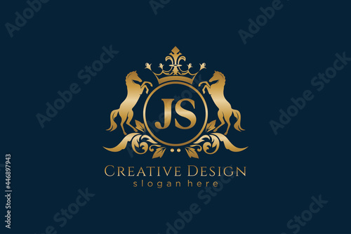 initial JS Retro golden crest with circle and two horses, badge template with scrolls and royal crown - perfect for luxurious branding projects