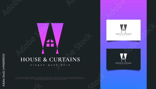 House and Curtains Logo Design for Real Estate Industry Identity. Construction, Architecture or Building Logo Design