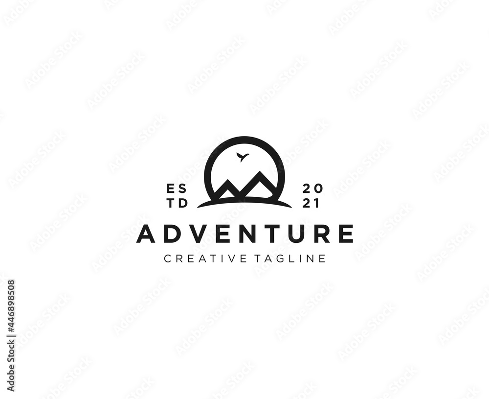 Simple minimalist mountain logo with circular lines and flying birds Simple minimalist mountain logo with circular lines and flying birds
