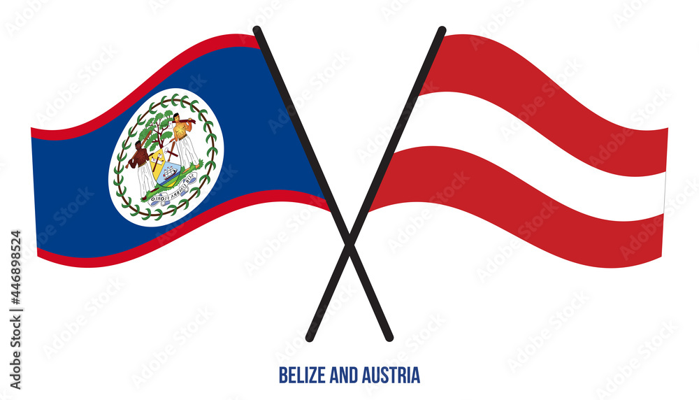 Belize and Austria Flags Crossed And Waving Flat Style. Official Proportion. Correct Colors.