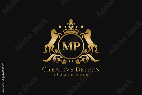 initial MP Retro golden crest with circle and two horses, badge template with scrolls and royal crown - perfect for luxurious branding projects