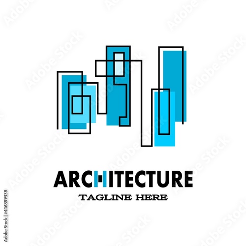 Architecture logo design. Vector construction company brand design with blue. Lines art look like a building or concrete. Abstract, elegant, and minimal design logo