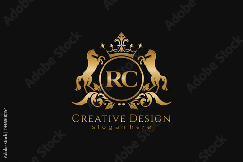 initial RC Retro golden crest with circle and two horses, badge template with scrolls and royal crown - perfect for luxurious branding projects