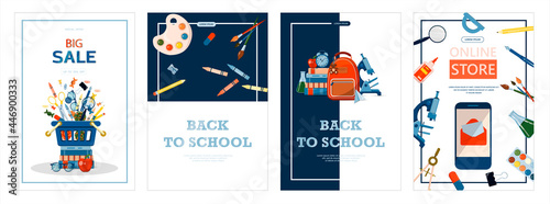 Back to school. Advertising banner, sale, online store, web. Stationery for school, university and office. Cartoon school supplies. Flat illustrations for elementary school. Bright cut out cliparts