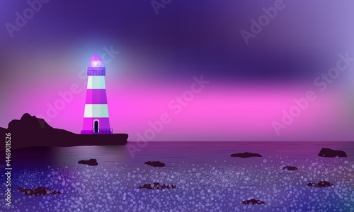 Lighthouse illuminating reefs, seashore and surf. Beautiful mauve sunset.
