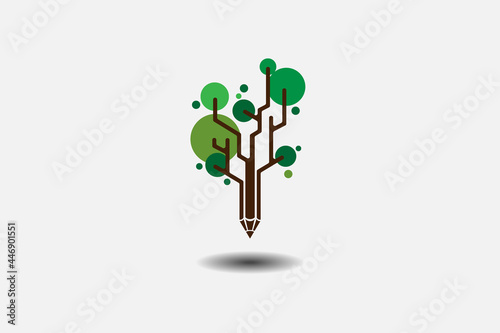 education logo design idea. combination of pencil tree. usable logo for business. education conference. community, technology logo design template illustration. there are pen and tree