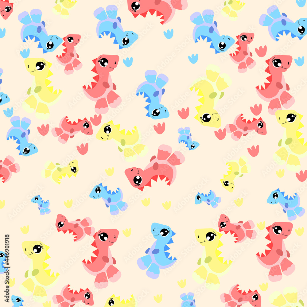 Fototapeta premium dinosaur vector seamless pattern on a pink background. Children's illustration in a cute cartoon style. Hand-drawn background is ideal for children's clothing, textiles, wallpaper, etc. EPS10