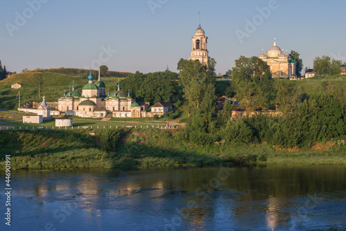 Summer morning landscape with ancient temples of Staritsa town. Tver region, Russia