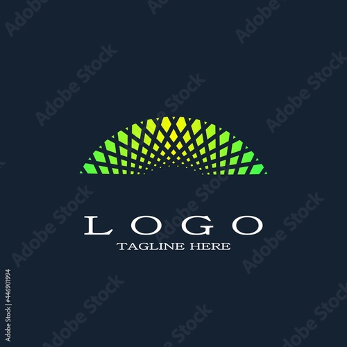 Luxury green and yellow semi-circle or half circle logo. Sparks and rays of light. Retro elements of sunshine.