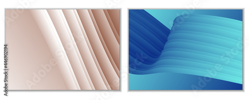 Abstract gradient waves background and folds. A set of 2 templates. 3D illustration in gentle pastel colors. Vector