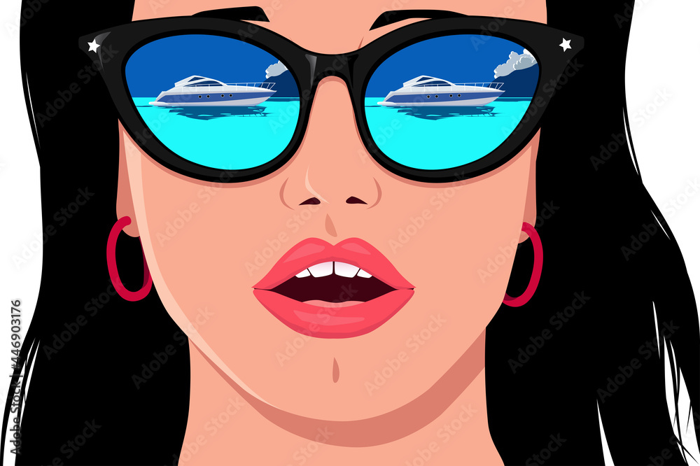Reflection of a generic yacht or speedboat in the sunglasses of an amazed beautiful young woman, no real product or person depicted, EPS 8 vector illustration