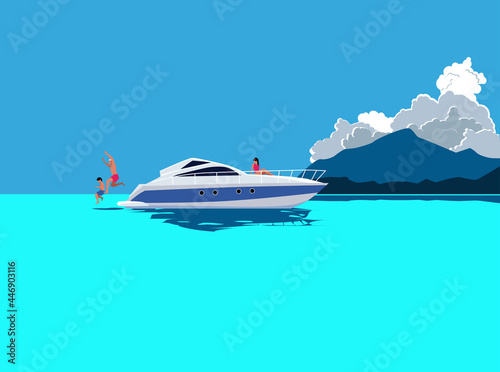 Family spending time on board of a generic small yacht or powerboat in a tropical landscape, EPS 8 vector illustration, no real product, person or place depicted 