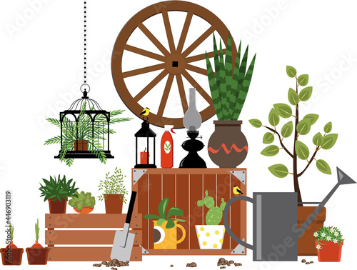 Potted plants and gardening tools storage, EPS 8 vector illustration, isolated on white