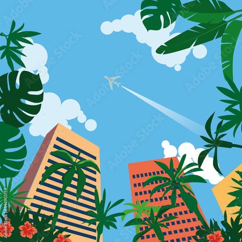 Plane flying over tropical resort town, view from below, EPS 8 vector illustration 