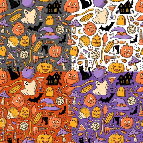 Set of 4 isolated Halloween seamless patterns with doodles. Good for wrapping paper, kids apparel, textile prints, scrapbooking, digital paper, wallpaper, stationary, etc. EPS 10