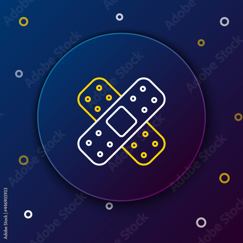 Line Crossed bandage plaster icon isolated on blue background. Medical plaster, adhesive bandage, flexible fabric bandage. Colorful outline concept. Vector