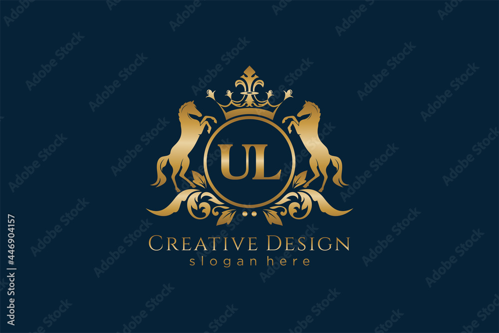 initial UL Retro golden crest with circle and two horses, badge template with scrolls and royal crown - perfect for luxurious branding projects - obrazy, fototapety, plakaty 