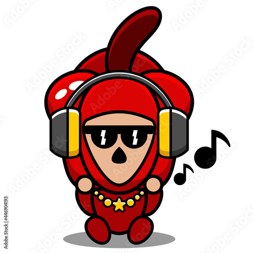 vector cartoon character of red pepper vegetable mascot costume sitting listening to music
