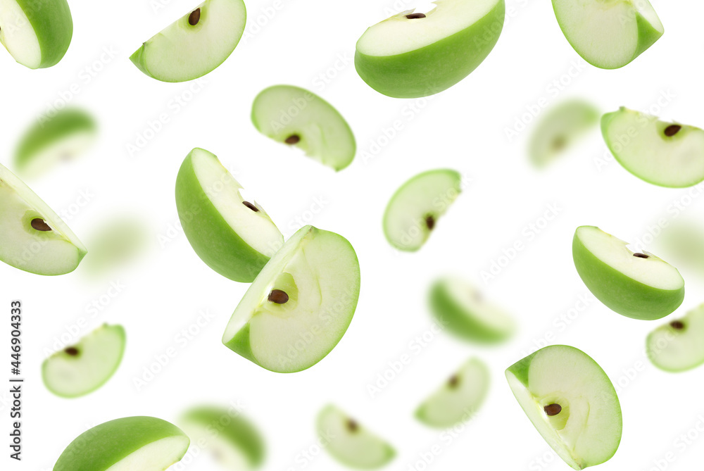 Stack of green Apple falling or flying.Creative levitation food Stack of green Apple falling or flying.Creative levitation food