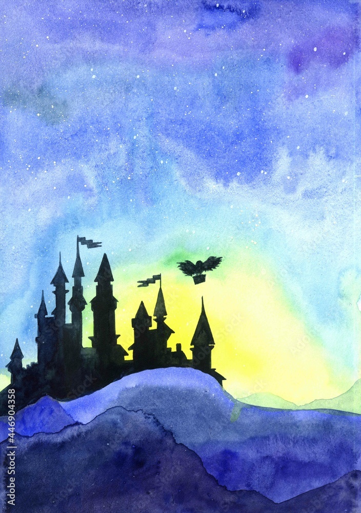 Fototapeta premium watercolor illustration of the castle silhouette at sunrise and a flying owl with a letter on a background of yellow and blue sky. fairy tale postcard