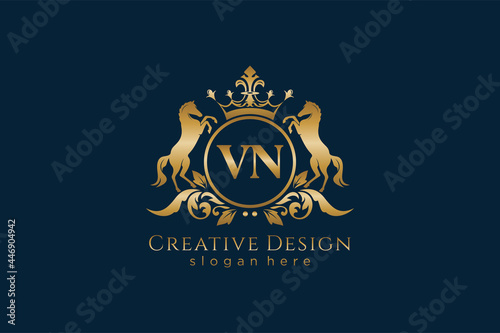 initial VN Retro golden crest with circle and two horses, badge template with scrolls and royal crown - perfect for luxurious branding projects photo