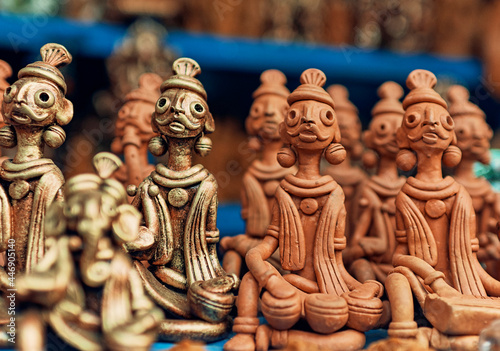 Famous terracotta handicrafts of Bishnupur, West Bengal. On retail display for sale.