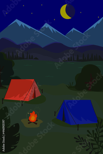 Summer camp activity vector, flat design night scene. Illustration campfire recreation cut style card. Abstract background sky, tree, outdoor vacation. Natural travel holiday cartoon green art.