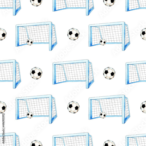 Watercolor pattern illustration of soccer goal and ball. Seamless repeating soccer World Cup sports print. Isolated on a blue background. Drawn by hand.