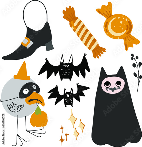 Vector set on the theme of Halloween with a bat, a pumpkin, a skeleton, a beetle, a deer, a raven, a cat.