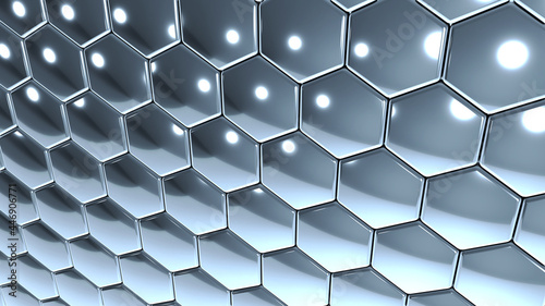 Hexagons silver geometric background  perspective view of steel chrome honeycomb pattern metallic shapes   3D render technology illustration.