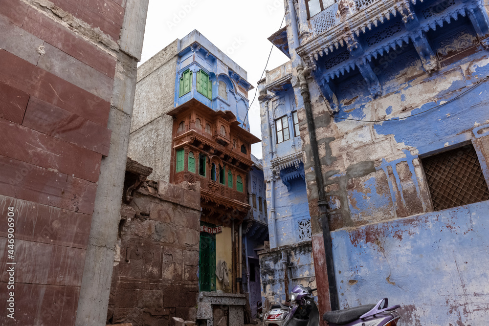 The bright blue color street and houses of the blue city in navchokiya of Jodhpur, Rajasthan.