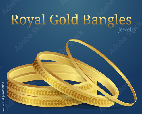 Royal Gold Bangles or Gold Bracelet Luxury Jewelry bangle set with text blue background vector illustration