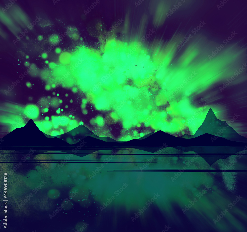 Mountains, sea and northern lights reflected in the water. Abstract simple digital and watercolour landscape. Background for design with space for text.