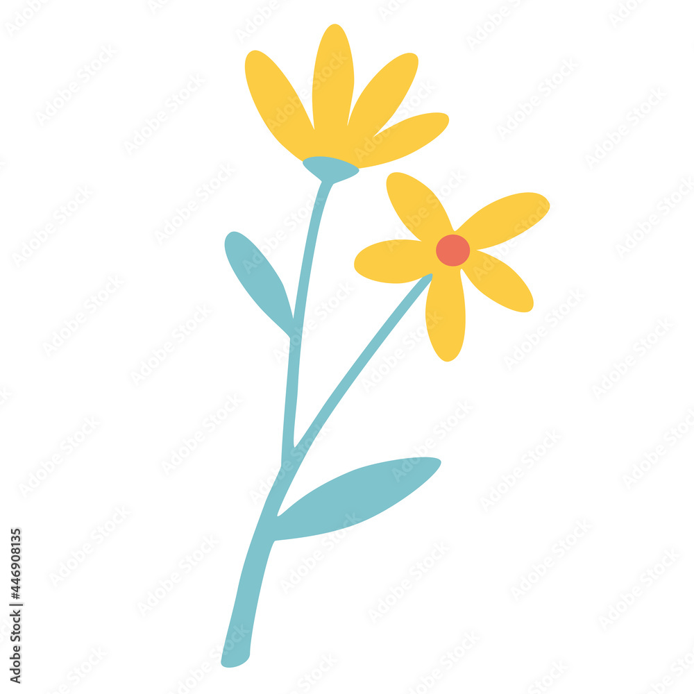 Fototapeta premium Yellow flowers. Daisies. Golden Bell, blossoming yellow flowers. for prints, posters, cards, design, cosmetics. Vector illustration in flat cartoon style isolated on white background.
