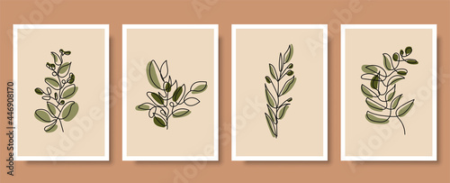 Botanical wall art vector print set. Floral and Foliage line art drawing with abstract shape. Abstract Plant Art design for print, cover, wallpaper, Minimal and natural wall art. Vector illustration