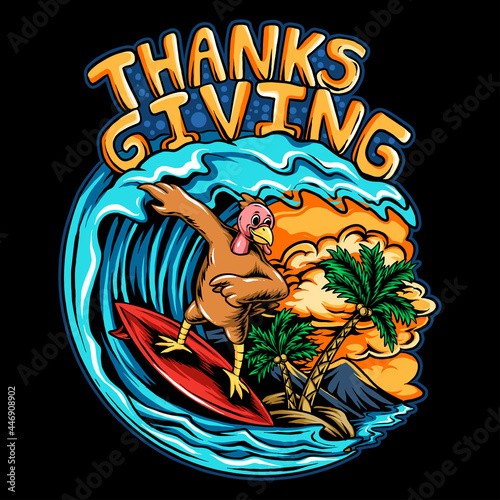 thanksgiving holiday turkey riding a surf board on the ocean waves on a beautiful beach with coconut trees