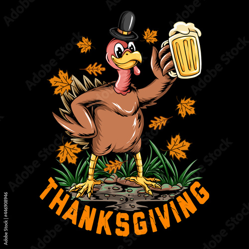 thanksgiving holiday turkey holding a big glass of beer at thanksgiving celebration, oktoberfest and halloween