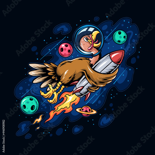 Thanksgiving holiday turkey riding a space rocket at high speed
