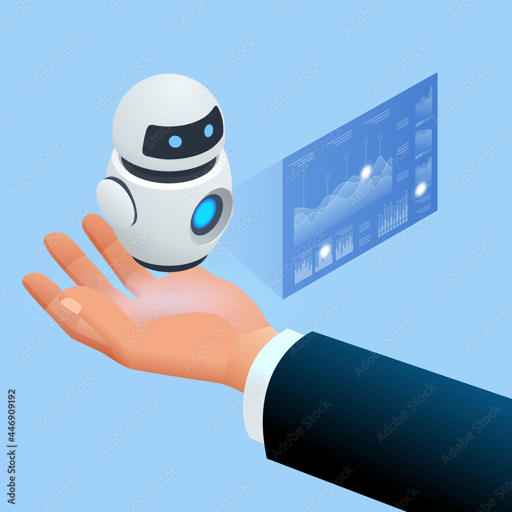 Isometric robot analyzes the database. Artificial intelligence working for  big data analysis. Data analysis artificial intelligence ai with robots  Stock Vector | Adobe Stock