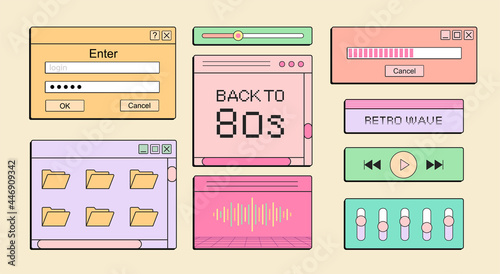 Set of music ui elements, audio player template, retro wave.