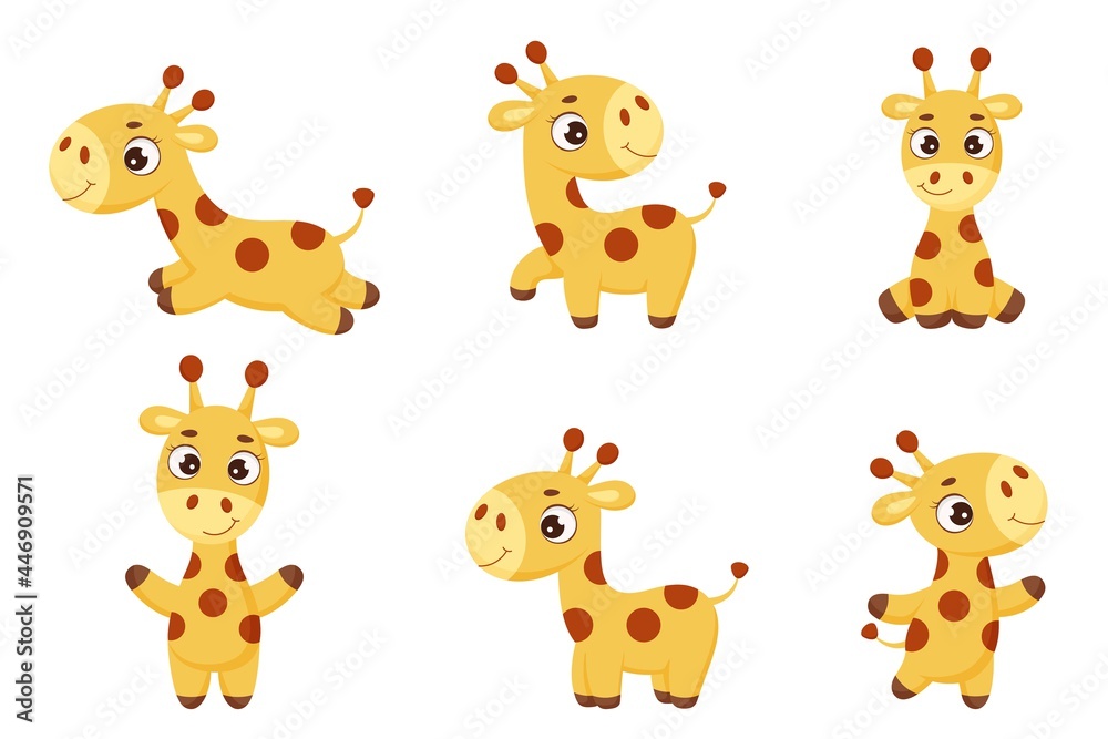 Set of cute little giraffe with different poses. Funny cartoon character for print, cards, baby shower, invitation, wallpapers, decor. Bright colored childish stock vector illustration Set of cute little giraffe with different poses. Funny cartoon character for print, cards, baby shower, invitation, wallpapers, decor. Bright colored childish stock vector illustration
