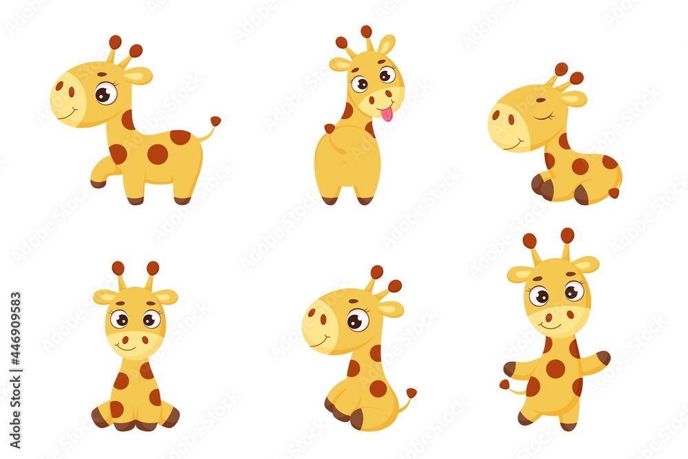 Set of cute little giraffe with different poses. Funny cartoon character for print, cards, baby shower, invitation, wallpapers, decor. Bright colored childish stock vector illustration Set of cute little giraffe with different poses. Funny cartoon character for print, cards, baby shower, invitation, wallpapers, decor. Bright colored childish stock vector illustration